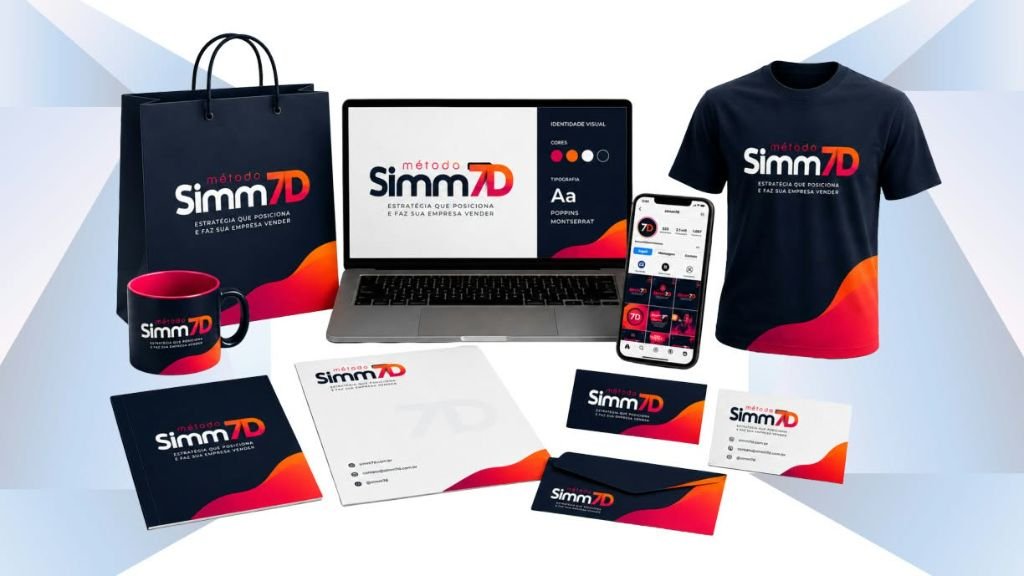 Kit de identidade visual Simm7D: sacola, caneca, notebook, camiseta, cartões e papelaria com o logo aplicado